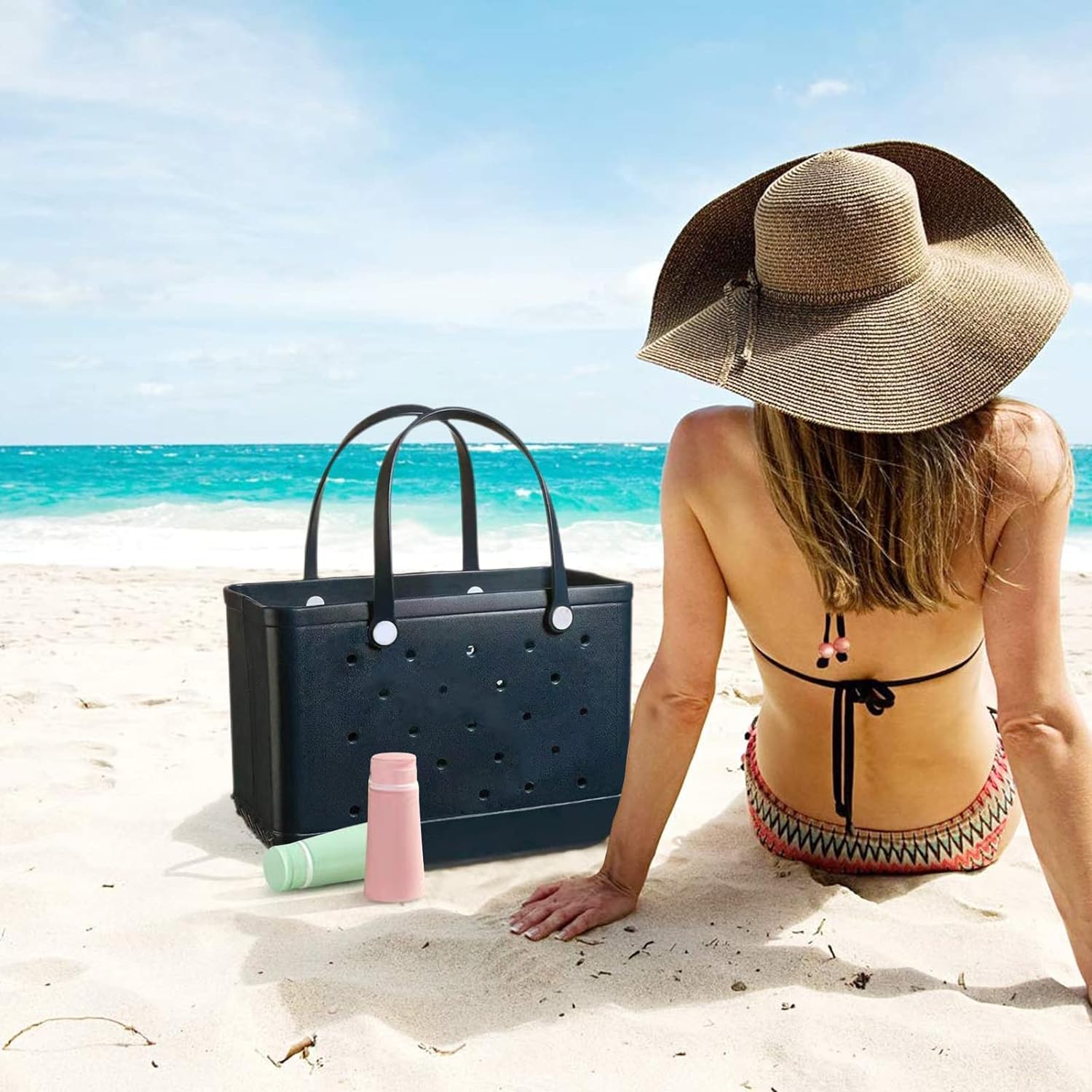 Borsa da Spiaggia EVA/Grande Borsa Estiva Impermeabile e Lavabile/Borsa da Spiaggia in Gomma con Fori/per Spiaggia, Piscina, Sport, Mercato (Nero)