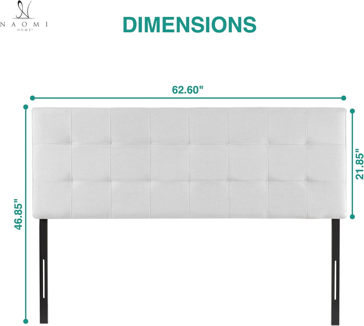Naomi Home Jessenia Queen Headboard Only Height Adjustable Bed Headboard Queen Size Square Tufted Size with 12 Positions Metal Legs Wall Bed Mount Linen Fabric White