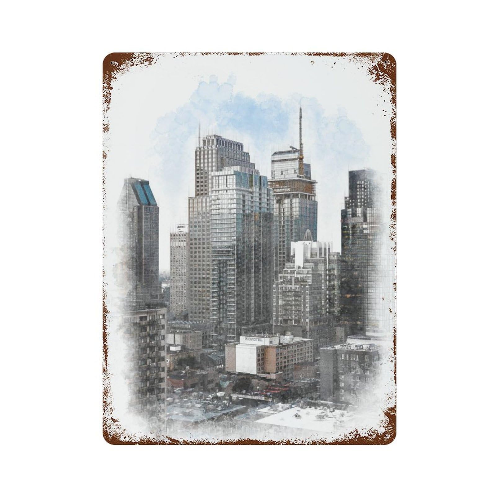 Aged Metal Wall Plaque with Downtown Montreal Canada Design 15.7"x11.8", for Basement, Hobby Room And Garage Decor, Farmhouse Wall Decor