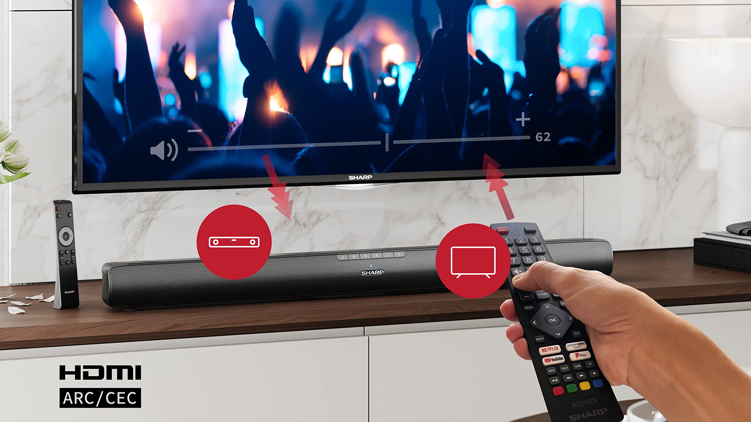 Sharp HT-SB100 Mini Soundbar con streaming audio wireless Bluetooth 5.1, Bluetooth con HDMI ARC/CEC, USB player, potenza totale 75 W, colore: Nero