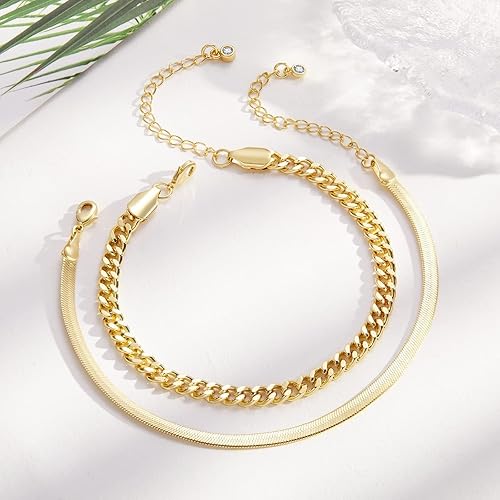 Miniatura 6 de KissYan - Pulseras de tobillo para mujer, joyas elegantes estilo cubano, doble capa, chapadas en oro de 14 quilates, cadena ajustable, estilo clip y