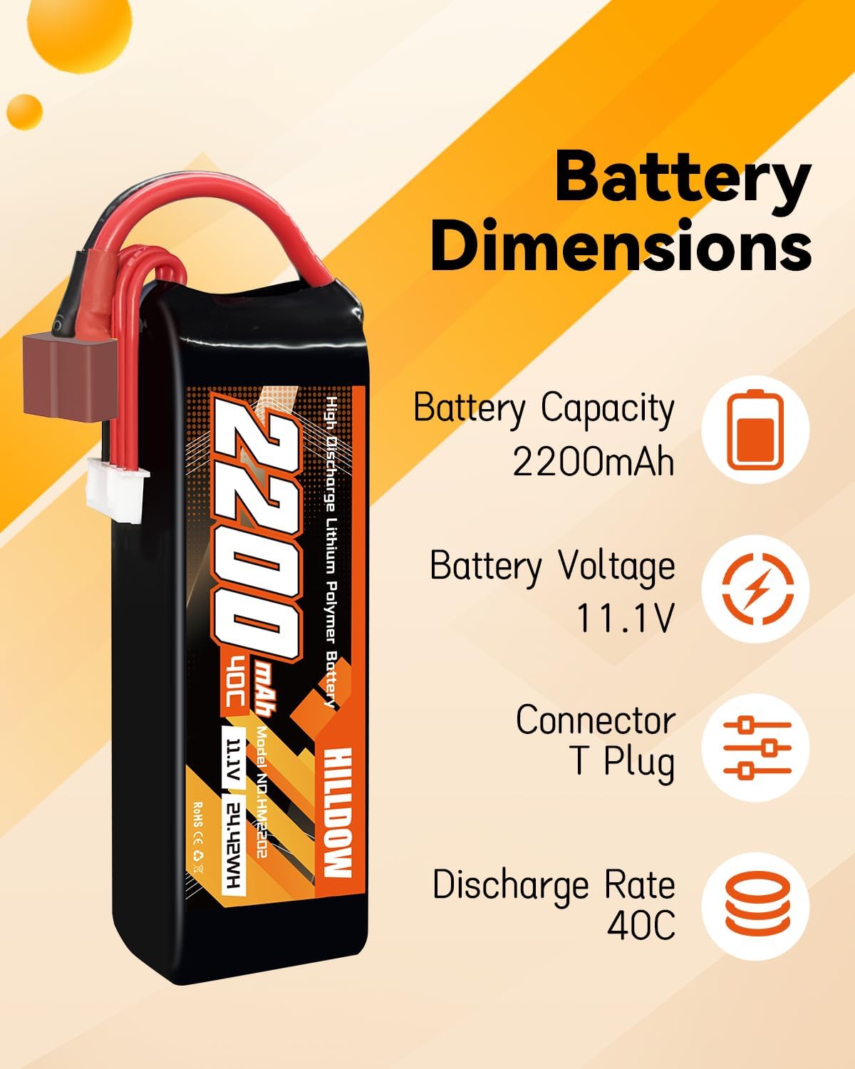 Hilldow 2200mAh RC Battery 3S 40C 11.1V Lipo Battery Soft Case with T Plug Connector for Drone Airplane Quadcopter Helicopter RC Car Truck Vehicles FPV RC Hobby Models (2 Packs)