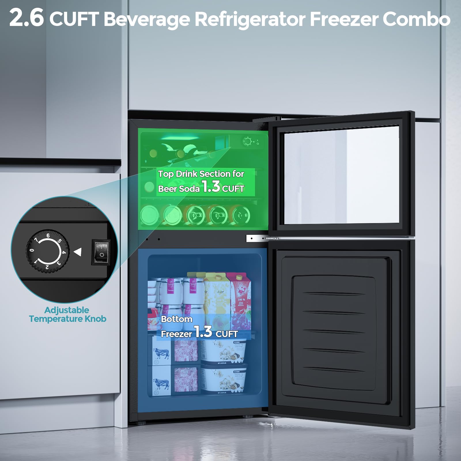 Cowsar 2.6 Cu.Ft Beverage Refrigerator & Mini Fridge With Freezer - Glass Door, Reversible Design, Adjustable Thermostat For Dorm, Office, Bedroom on Fridge.com - View 6