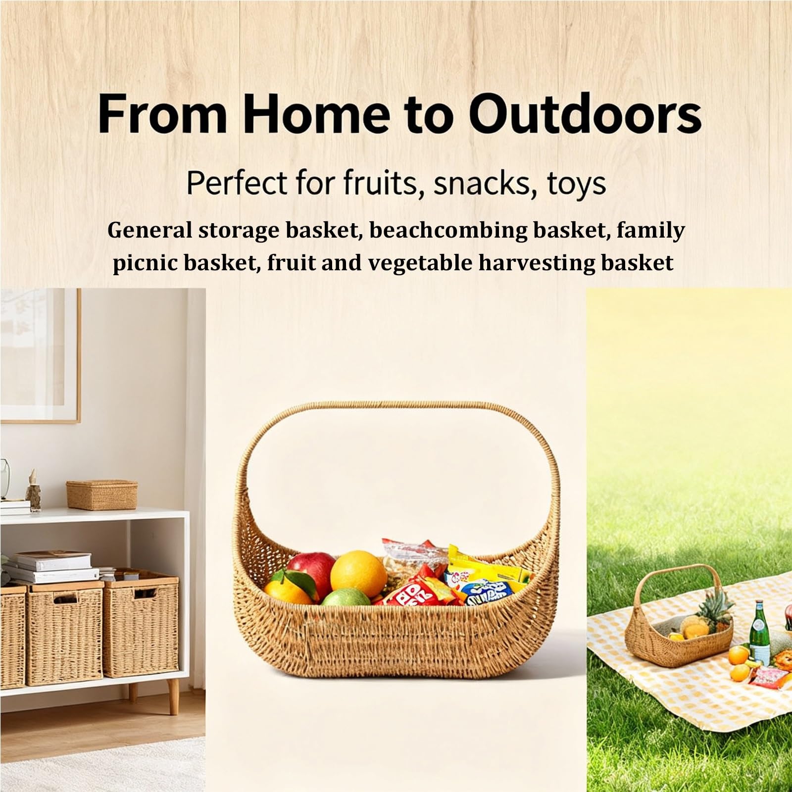 Geflochtener Picknickkorb, großer Korb aus PP-Geflecht, Erntekorb für den Außenbereich mit verstärktem Griff, zum Sammeln von Obst, Gemüse und anderen Gegenständen(XL 43.5x29x35.5cm)