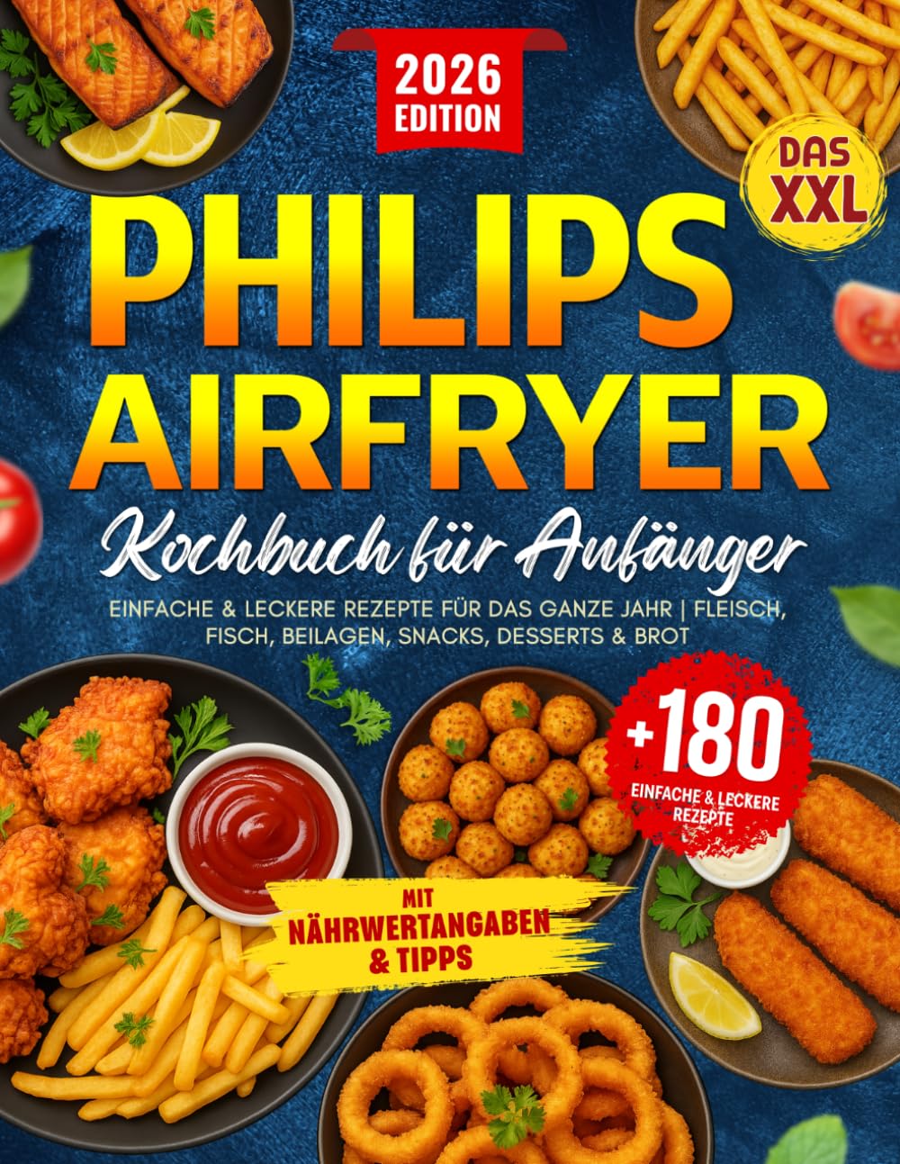 Das XXL Philips Airfryer Kochbuch für Anfänger: +180 Einfache & Leckere Rezepte für das Ganze Jahr | Fleisch, Fisch, Beilagen, Snacks, Desserts & Brot ... Tipps (Philips Heißluftfritteuse Rezeptbuch)
