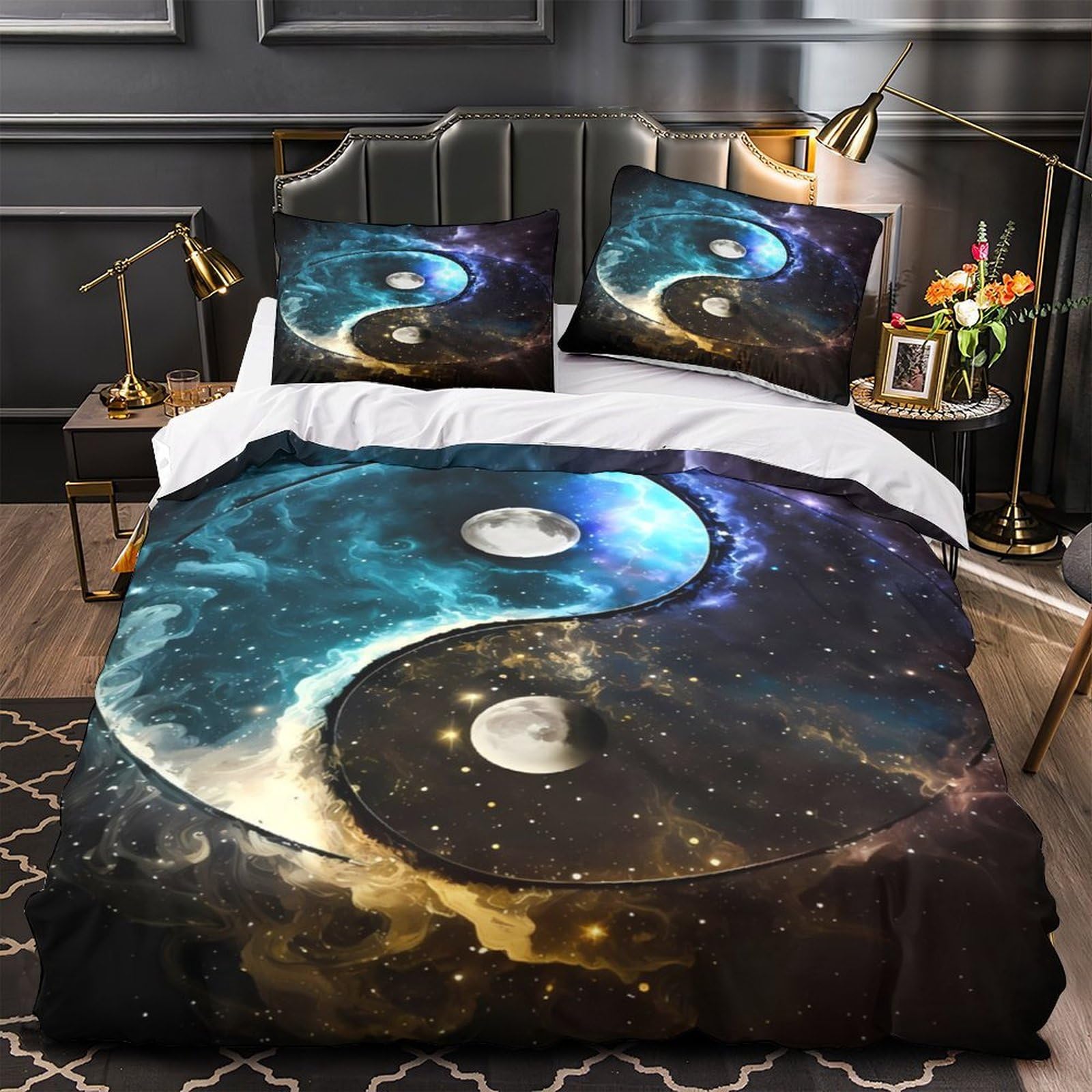 Sommeil agité ? Parure de lit Yin Yang cosmique hypoallergique zippée pour lit simple