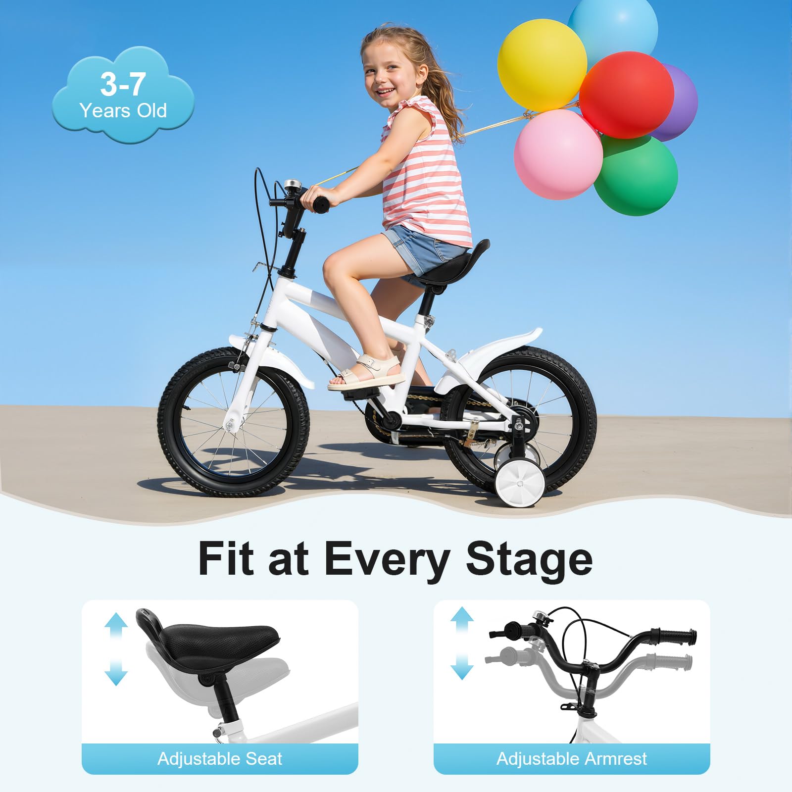 Bicicletta per bambini 14 pollici, bicicletta con ruote di supporto a partire dai 3 anni, bicicletta per bambini e ragazze, regolabile in altezza e braccioli, bianco