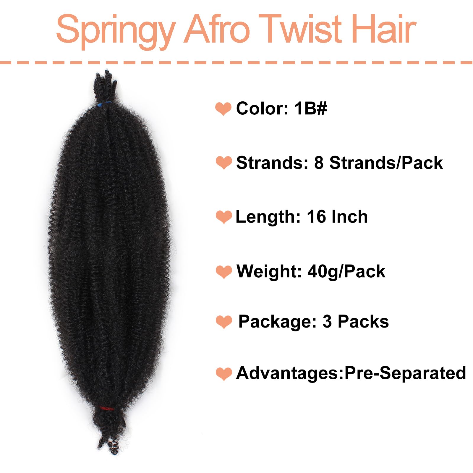 Mscat 16 Inch Pre-Separated Springy Afro Twist Hair 3 Packs Natural Black Marley Twist Crochet Braiding Synthetic Hair Extensions (8 Strands/Pack,1B#) - Image 2