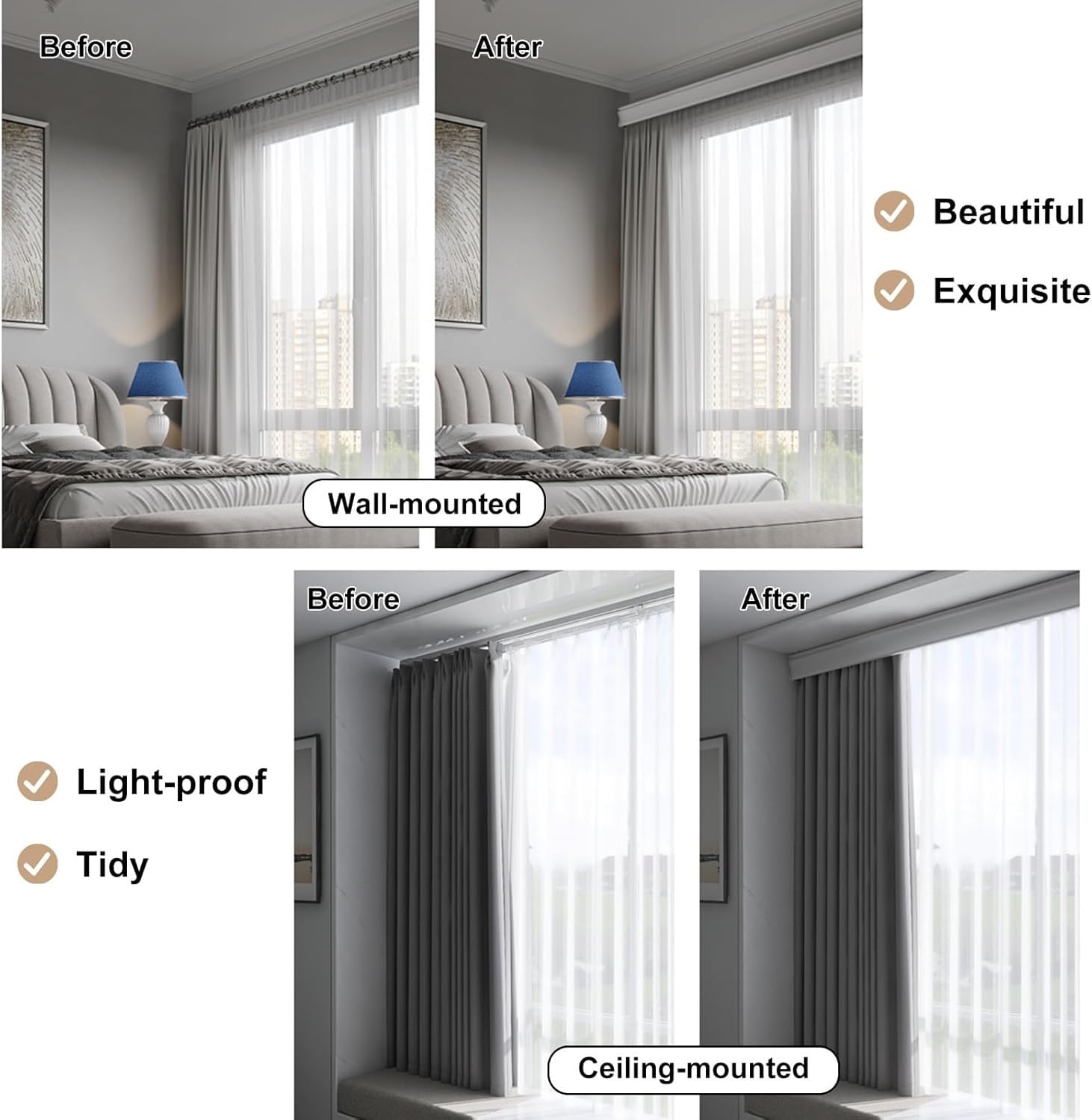 Podwójna zasłona lambrekin z podwójną szyną, montaż sufitowy/ścienny 3 w 1, wytrzymała aluminiowa szyna do salonu, sypialni, hotelu