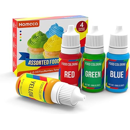 Nomeca Food Coloring, 4 Colors Vibrant Liquid Food Colors Cake Decorating Dye Set, Tasteless for Baking Royal Icing Cookie Frosting Fondant Macaron - .35 Fl. Oz (10 ml) Bottles, Red Yellow Blue Green