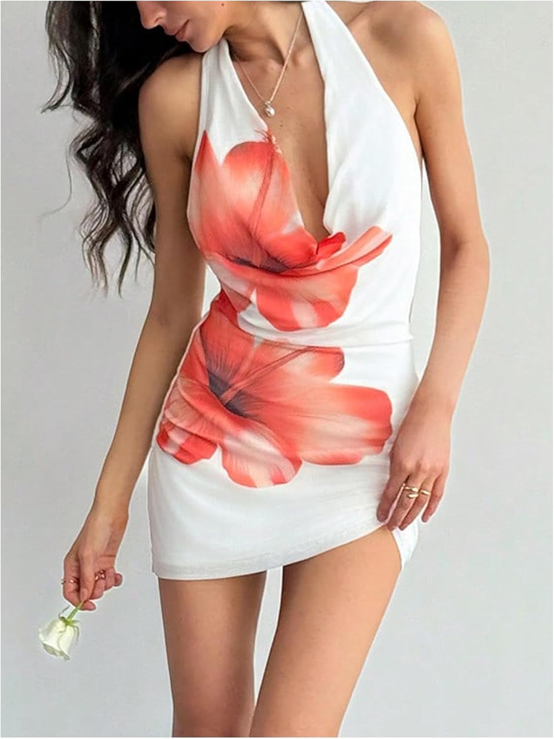 Milumia Women's Floral Mesh Draped Halter Mini Dress Sexy Deep V Neck Backless Short Dress - Image 5