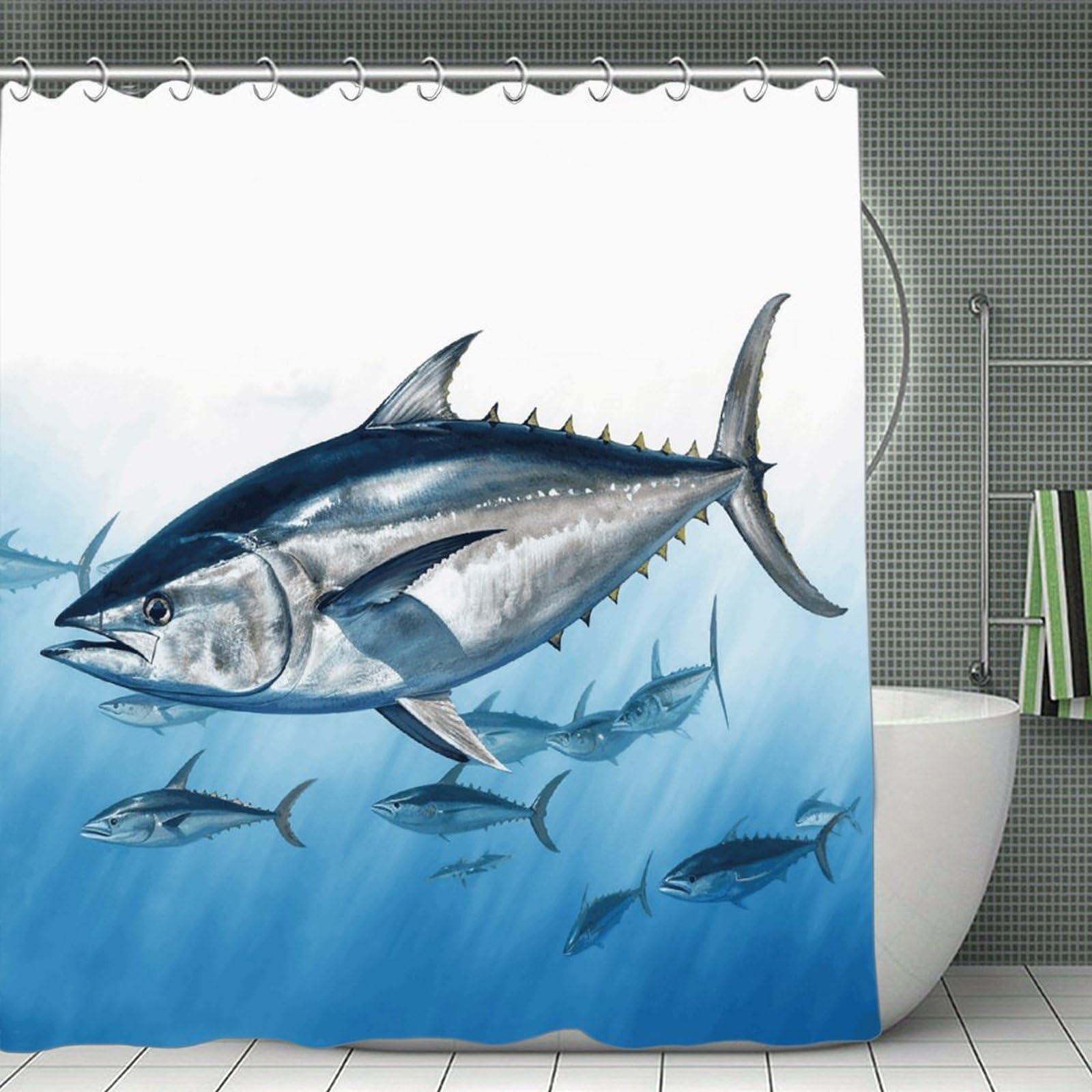 FekiLoot Bluefin Tuna Thunnus Shower Curtain with Hooks Modern Farmhouse Bathroom Curtain Waterproof Cloth Bath Curtains Cute Washable Blackout Privacy Curtains for Bathroom Bathtub 70.8"x70.8"