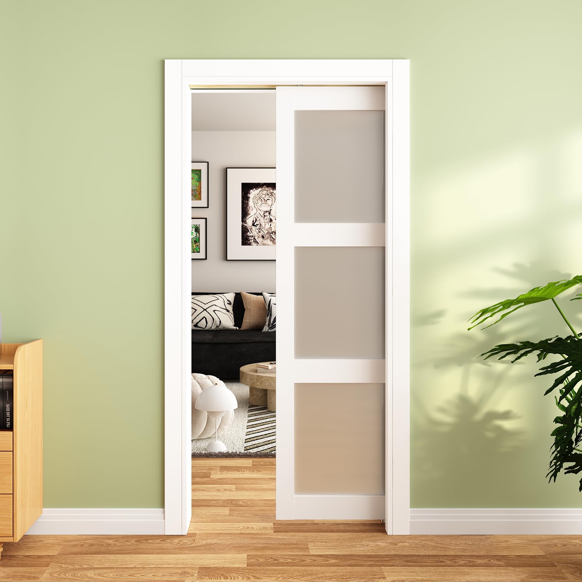 JUBEST Pocket Door 30"x80", 3-Panel Tempered Frosted Glass Sliding Pocket Door with Soft Close Hardware Kit, Sturdy Solid Wood & MDF with Water-Proof PVC Surface, Assembly Needed, White
