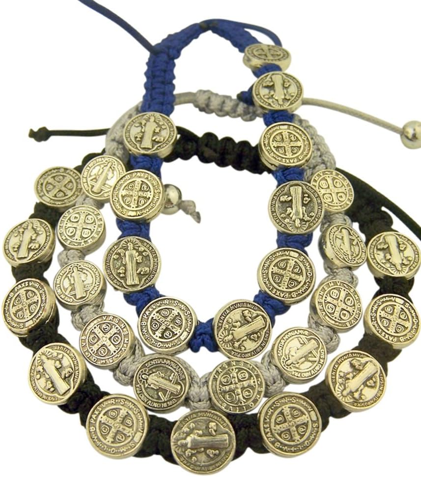 Catholic Brands Saint Benedict Evil Protection Medal on Adjustable Cord Bracelet, Set of 3, 8 Inch