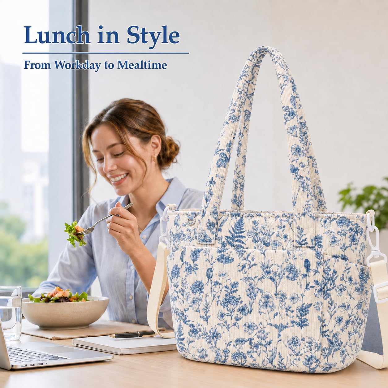 Corduroy Lunch Tote Bag for Women, Floral Insulated Lunch Bag with Large Capacity Storage, Aesthetic Soft Tote Bag for Work Office, Picnic and Daily Travel (Vintage Blue Floral, M)