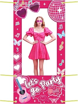 Pink Girls Birthday Decorations Pink Photo Booth Props Backdrops for Birthday Theme Decor, Lets Go Party Decoration