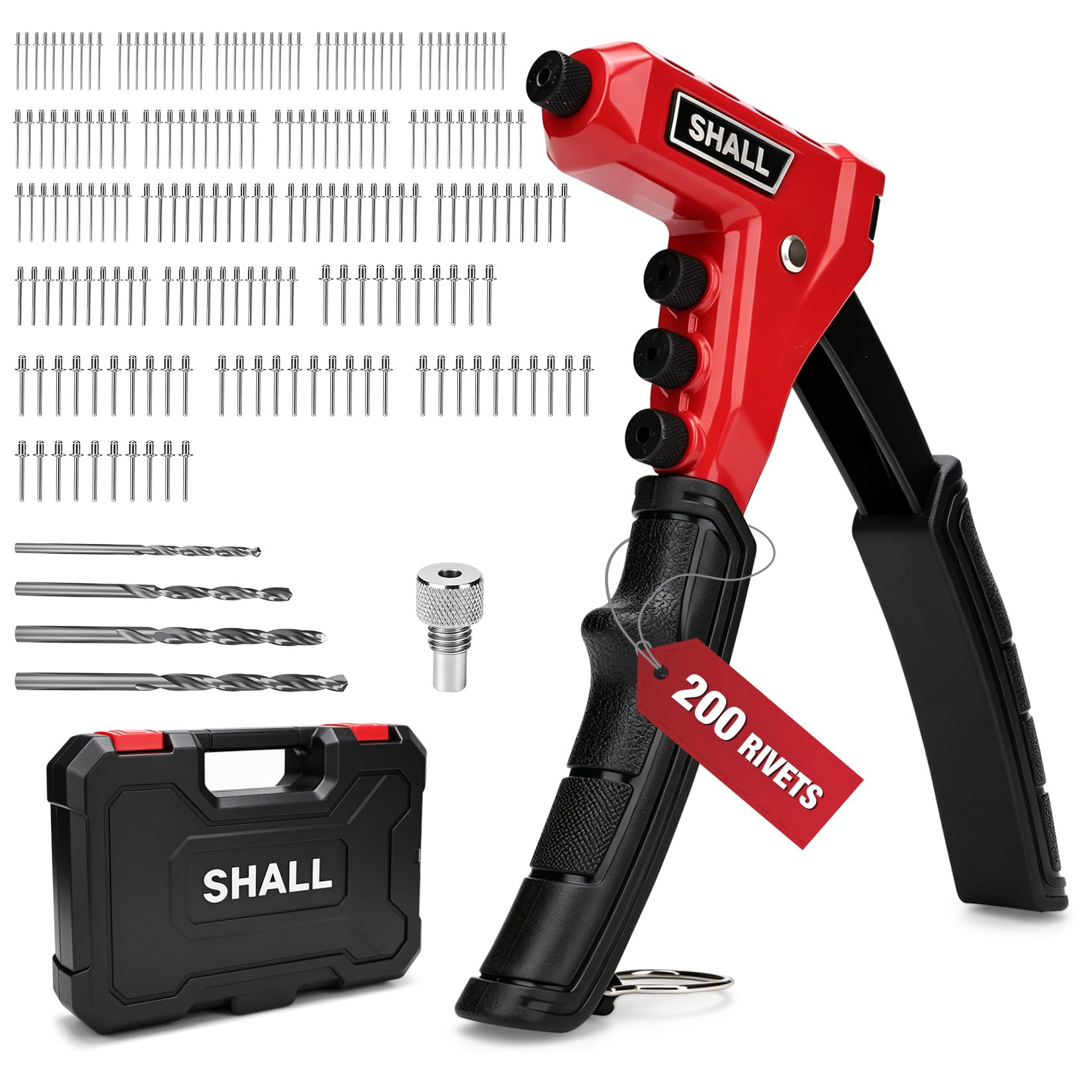 Shall 4-in-1 Rivet Gun Set, Heavy Duty Hand Riveter with 200 Rivets,4 Sizes (2.4mm, 3.2mm, 4.0mm, 4.8mm), 4 high-speed steel drill bits,for Automotive, Leather, Plastic,Furniture, Metal
