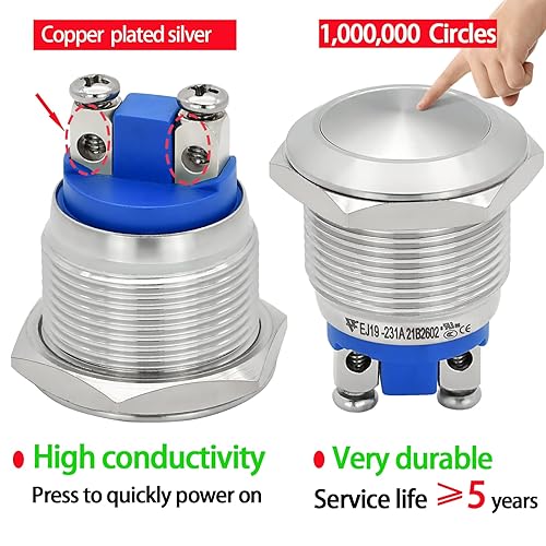 Miniatura 5 de Interruptor de botón momentáneo de 0.748 in, tapa redonda abovedada, terminales de tornillo de acero inoxidable impermeables 250 V CA 5 A 12 V 36 CC