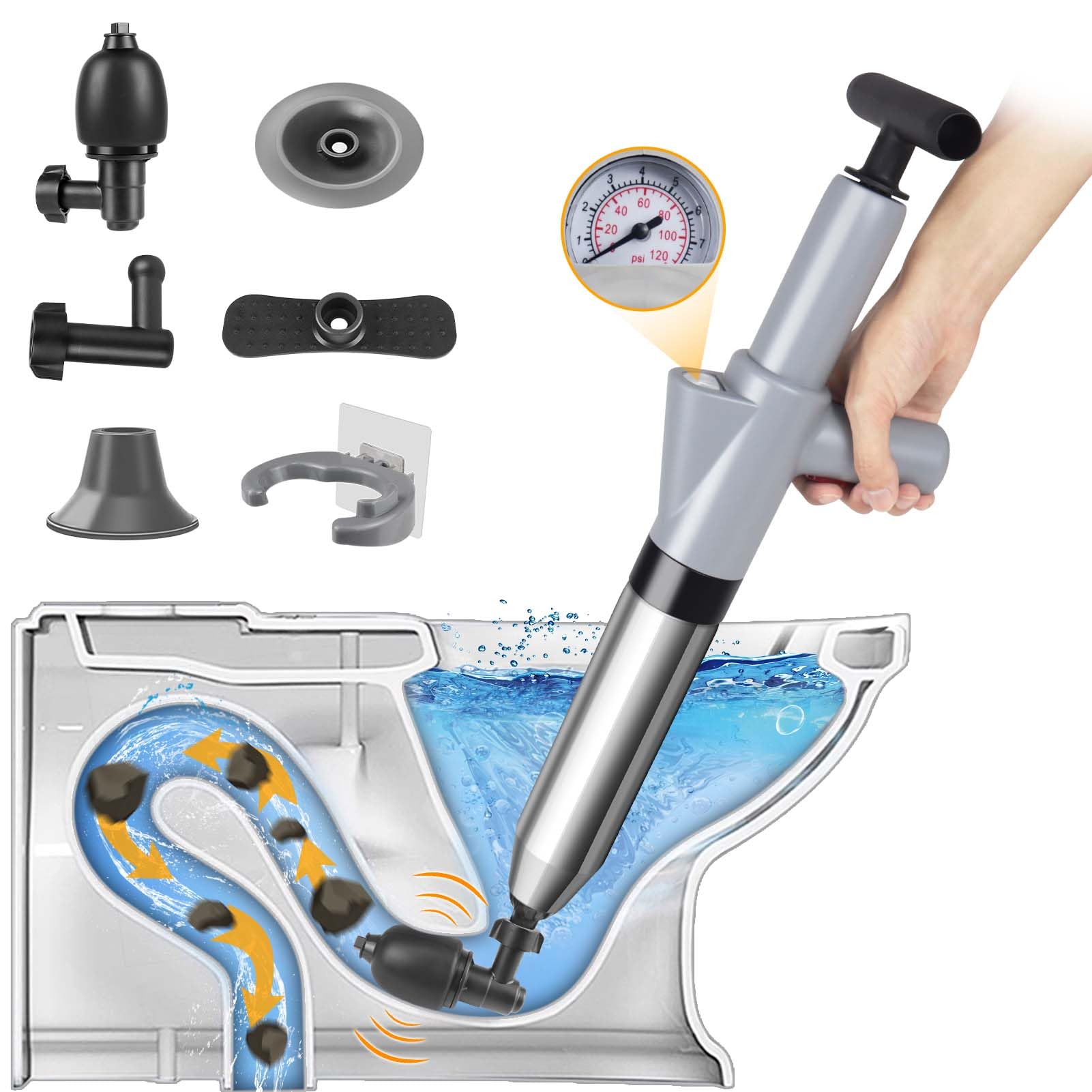 Toilet Plunger, High Pressure Plunger Kit, Unblocker Heavy Duty Toilet Plunger with with A Holder and 4 Replaceable Heads