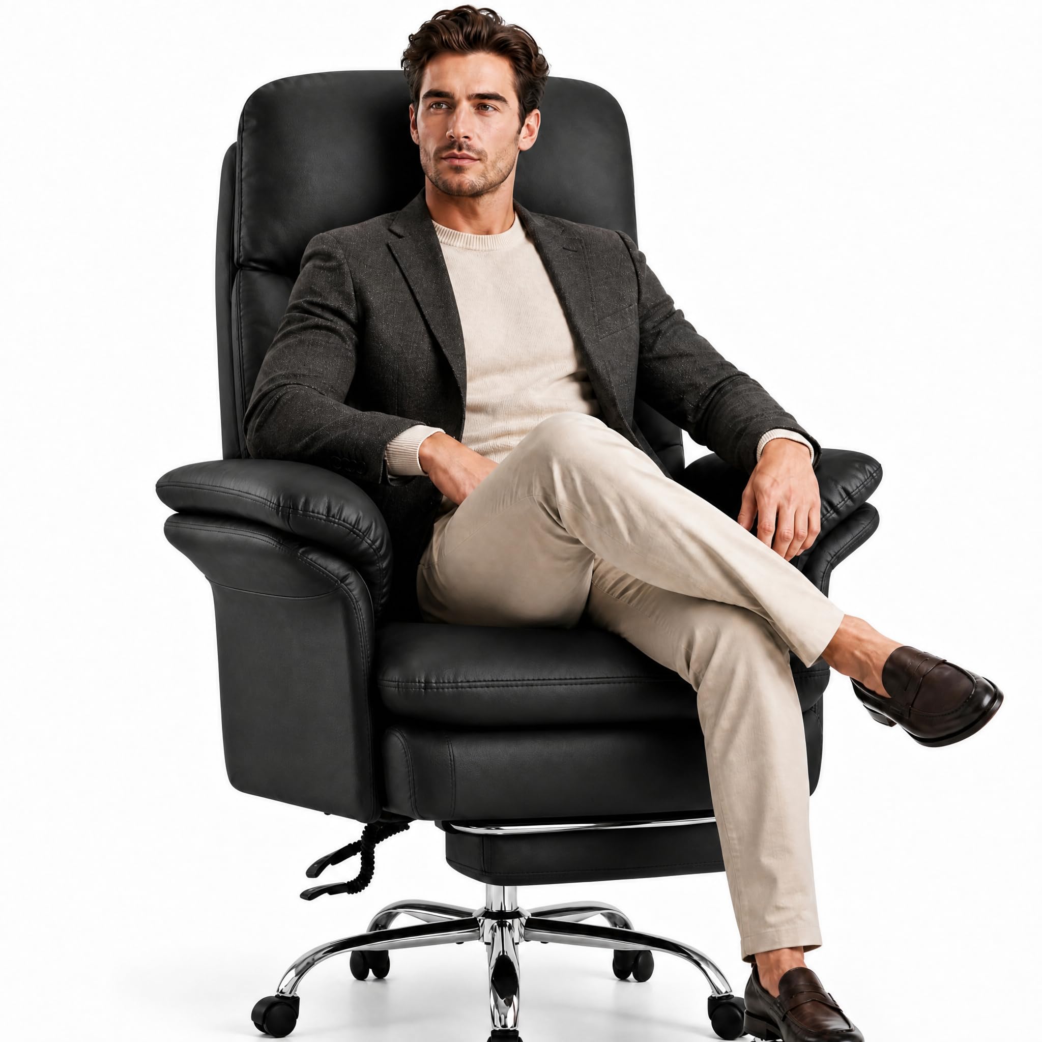 Hellove Fauteuil de Bureau avec Soutien Lombaire Précis, Chaise Ergonomique en Cuir PU avec Repose-Pieds (200kg), Dossier Haut Inclinaison 135°, Fauteuil Direction Pivotant pour Home Office, Noir