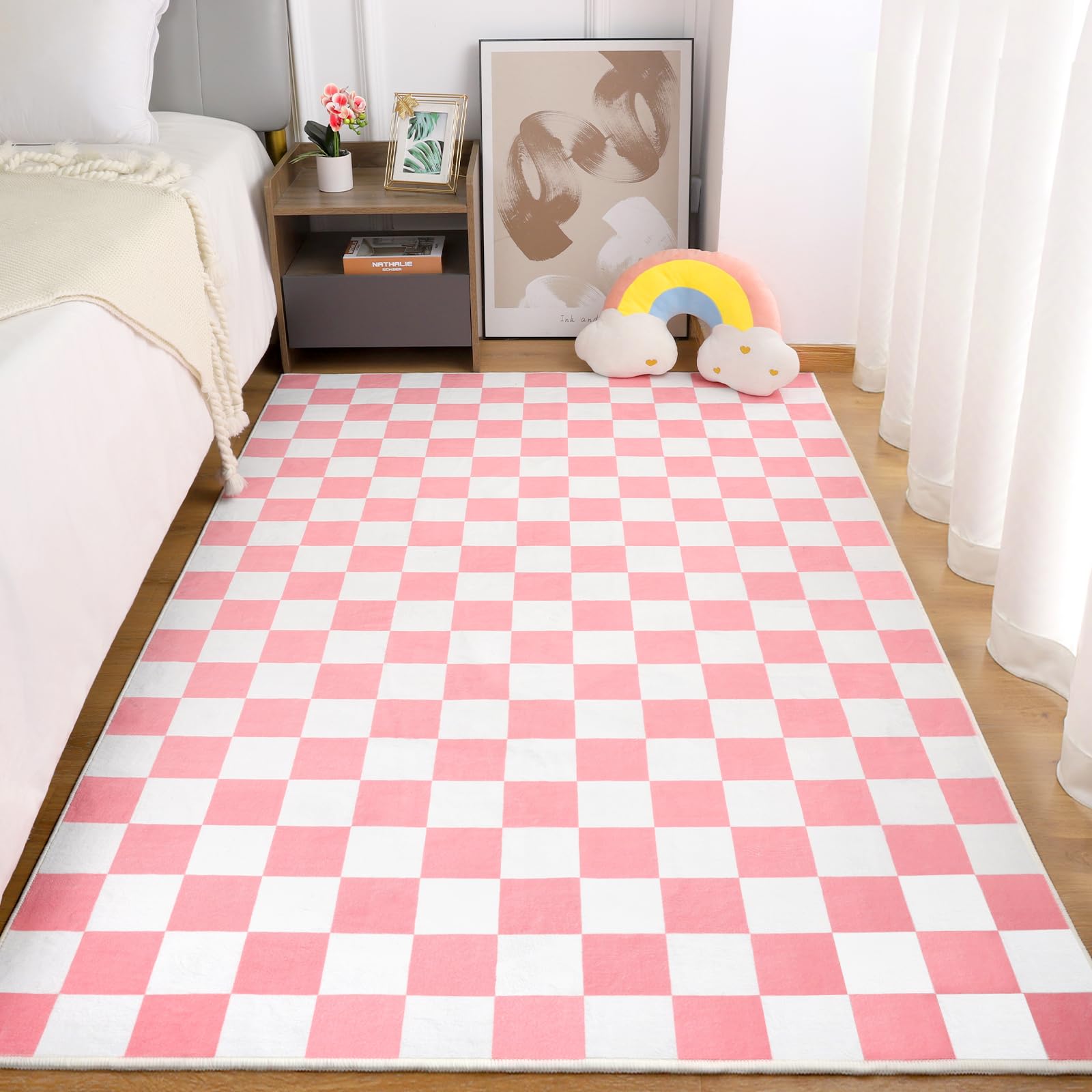 Terrug Pink and White Checkered Rug for Bedroom,4x6 Area Rugs Washable with Non Slip for Living Room,Soft Low Pile Stain Resistance Retro Carpet for Dorm Kids RoomOEKO-TEX STANDARD 100