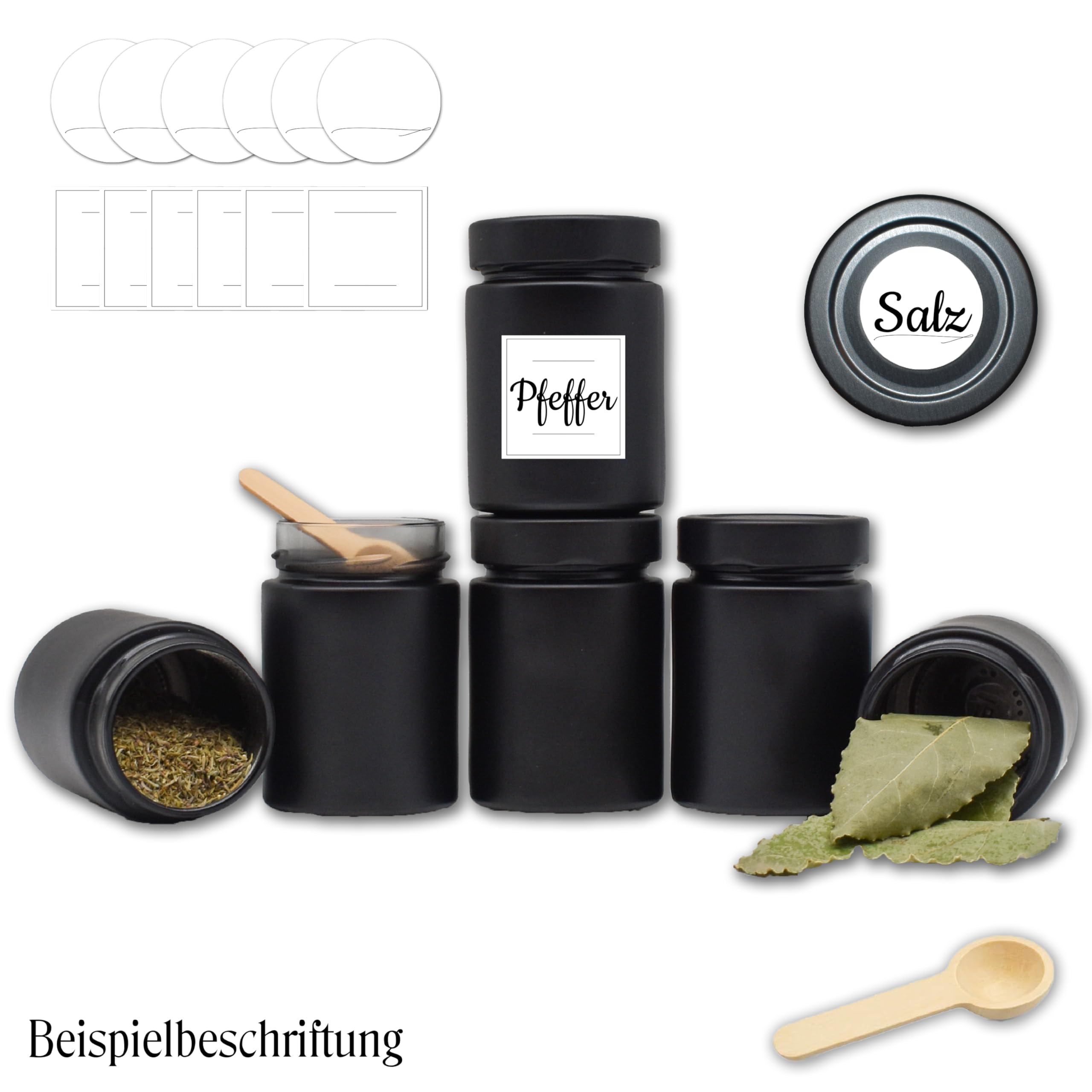 Gewürzgläser rund schwarz-matt Set - 190 ml - mit Gewürzlöffel - wasserfeste Etiketten rund und quadratisch - mit Schraubdeckel (12)