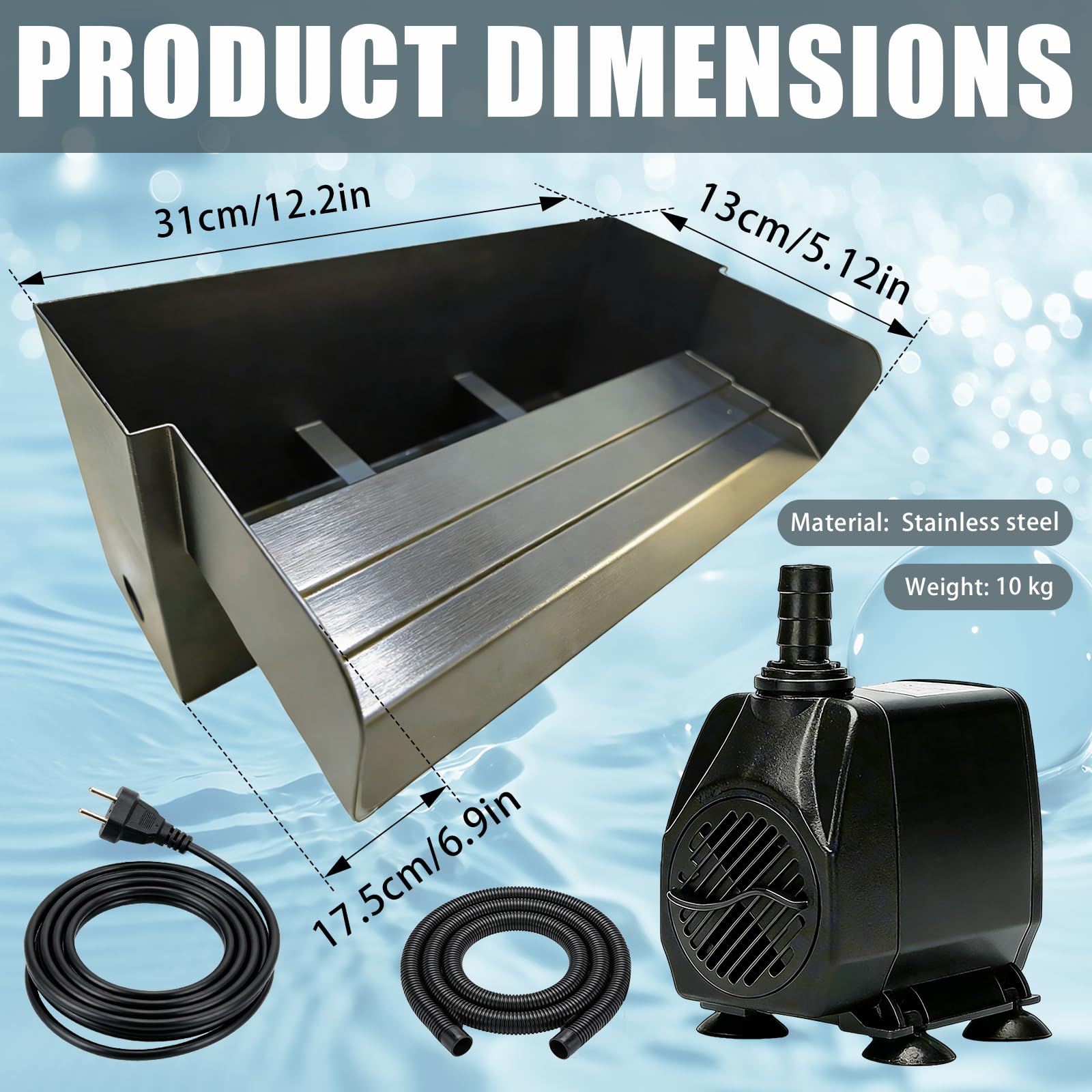 Teich Wasserfall für Gartenteich, 30CM Edelstahl Teichwasserfall Set Garten Teich Brunnen 304 Edelstahl 45W 3000 L/H mit Wasserfall Deko Garten Teich Wasserspiel Patio Terrasse Außente