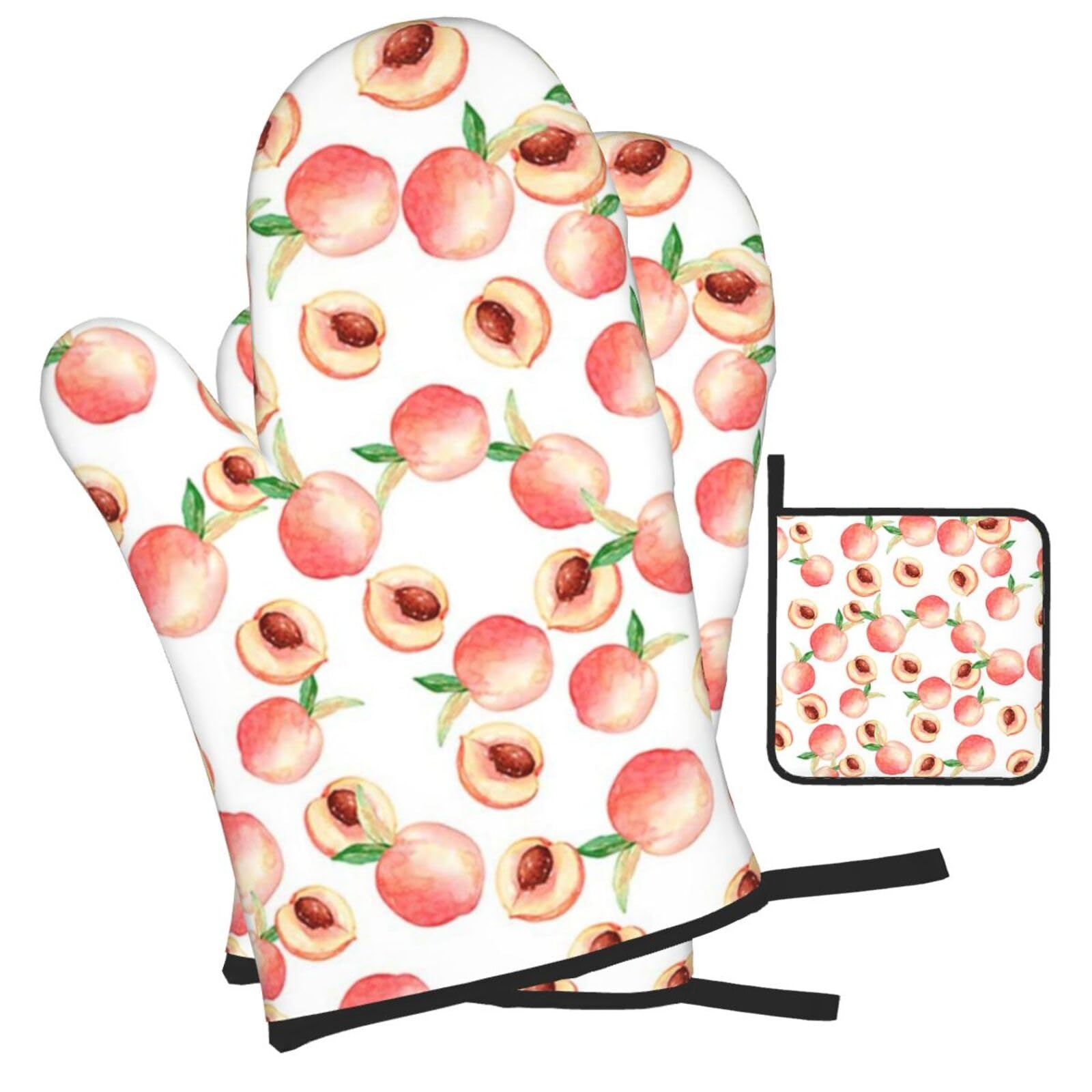 Watercolor Peach Printed Oven Mitts and Pot Holders Heat Resistant Set of 3 Pcs, Modern Kitchen Gloves & Potholders for Cooking Baking Grilling