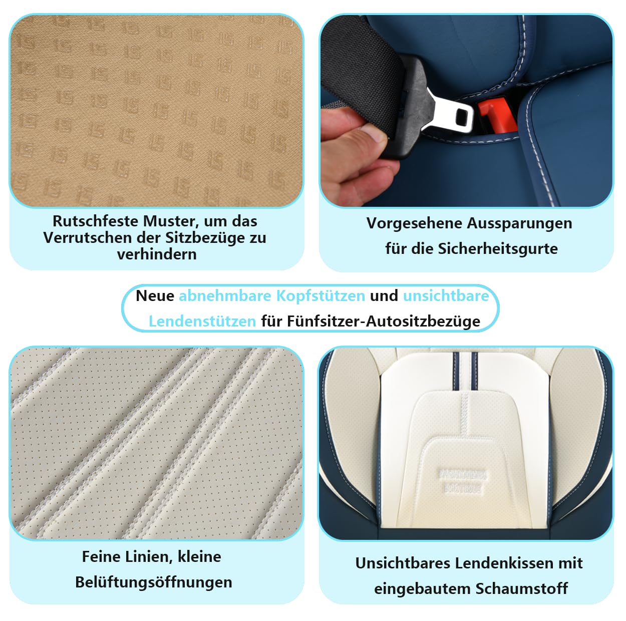 Copri sedili auto 5 posti - Universale per il 90% di berline/SUV/4x4 | Supporto lombare nascosto | Antiscivolo & Duraturo | Finta pelle di alta qualità (Blu-Bianco)