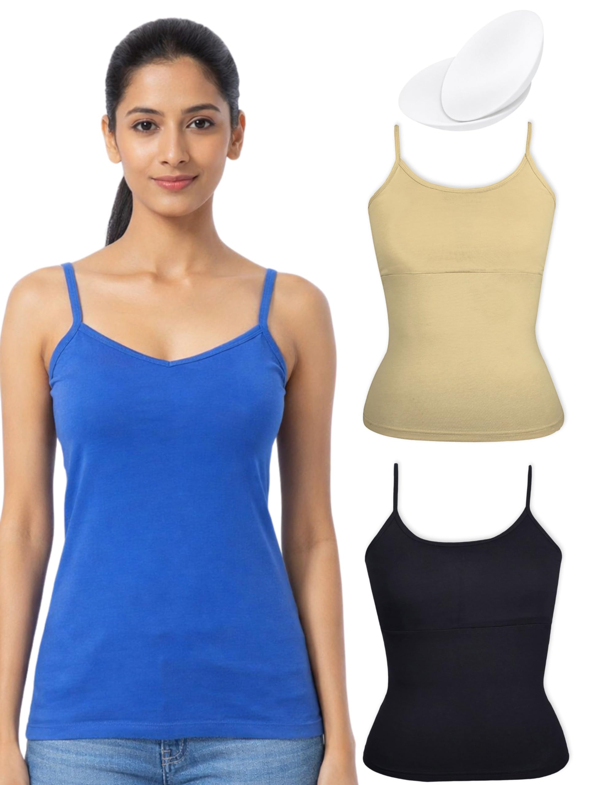 dchica Essentials Cotton Padded Camisole Bra for Womens, Sleeveless Undershirts with Adjustable Straps, Tank Top/Innerwear for Womens (Pack of 3) Skin Tone, Black & Blue Camisole Vest-picture-26