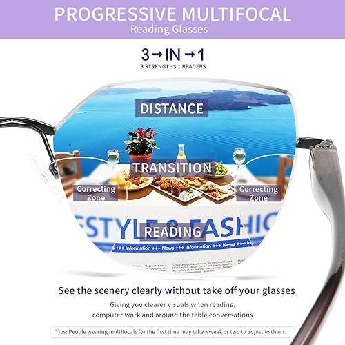 Miniatura 4 de Kafirlo Gafas de lectura multifocales progresivas para mujer, ojo de gato, sin línea, multifoco, transición, luz azul, marco de metal