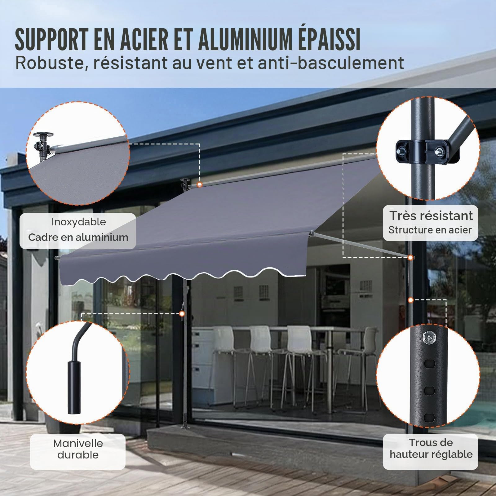VEVOR Auvent Rétractable 3 x 1,2 m Store Banne Manuel Terrasse Extérieur Hauteur Réglable Résistant au Vent/UV Auvent avec Rideau Pare-Soleil 1 m et Manivelle pour Patio, Arrière-Cour, Jardin, Balcon