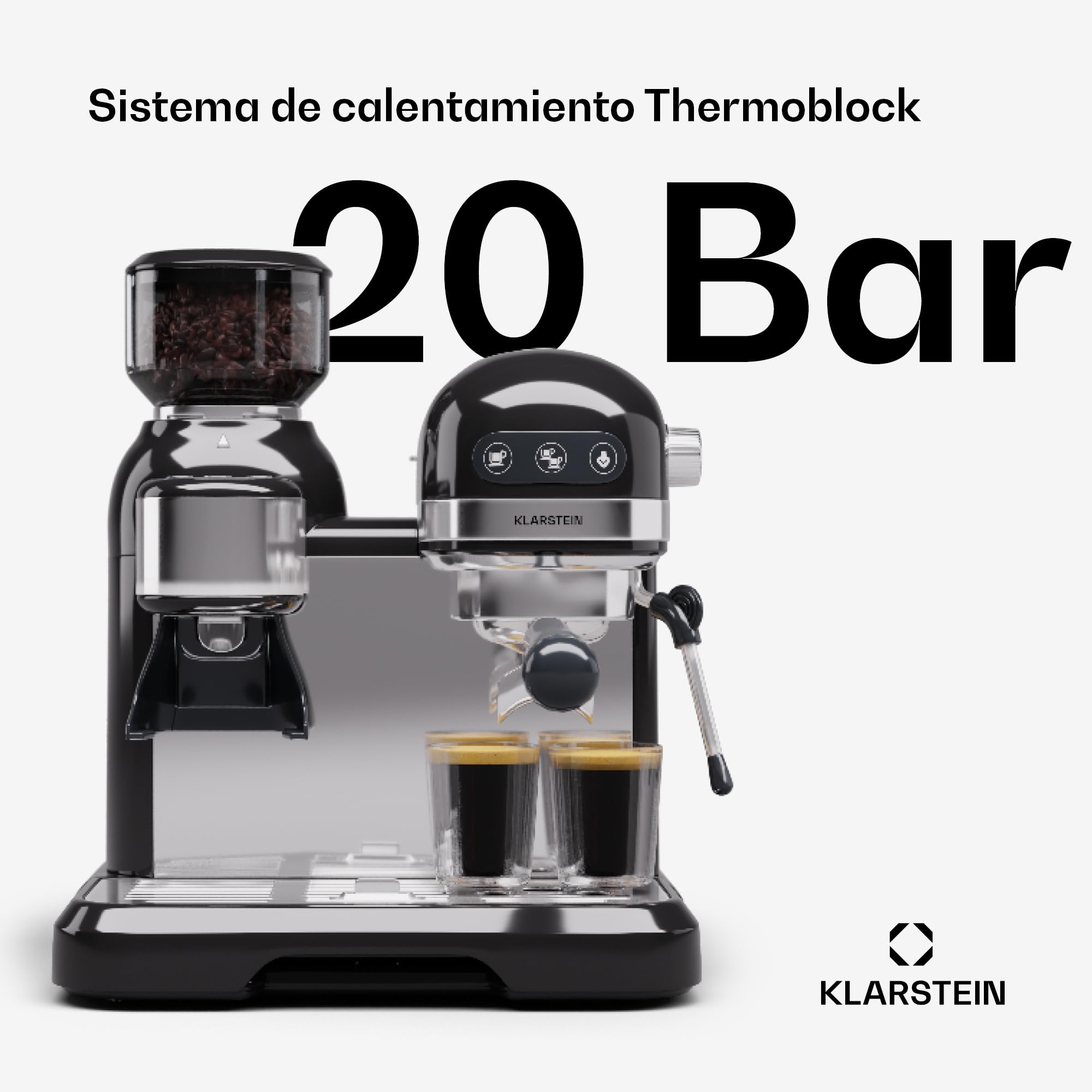 KLARSTEIN Cafetera Expresso Automatica con Espumador de Leche, Cafetera Espresso 1.4 l. Cafeteras, Pequeña de Acero Inoxidable 1550W para Capuccino, Cafetera Automatica, Maquina de Cafe