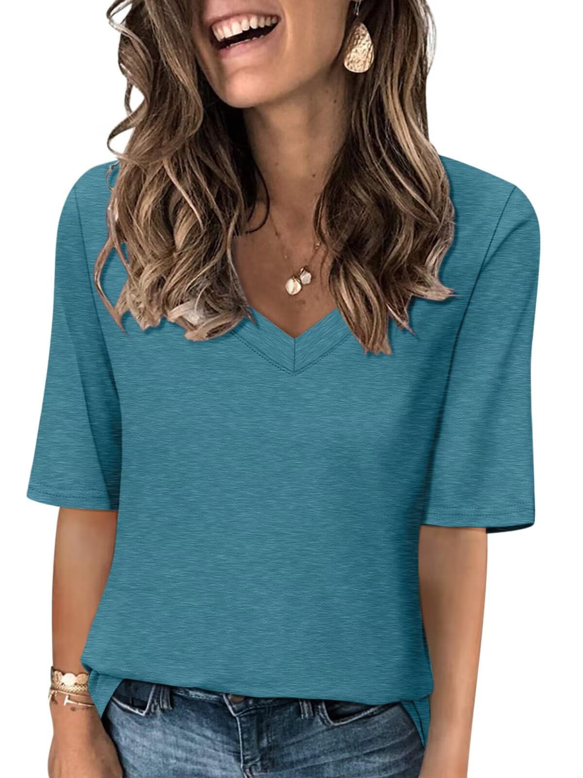 Minetom Women's V Neck T Shirts Casual Half Sleeve Tops Basic Summer Tees