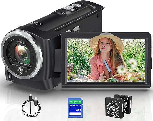 Tixeuo 2.7K Video Camera Camcorder QHD 50MP YouTube Vlogging Camera 16X Digital Zoom Webcam 270 Degree Rotation Screen Camcorders with 32G SD Card and 2 Batteries Recording While Charging
