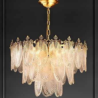 23.6" Gold Crystal Leaf Chandelier, 8-Light Round Vintage Glass Chandelier, 3-Tier Crystal Hanging Pendant Art Deco Ceiling Light