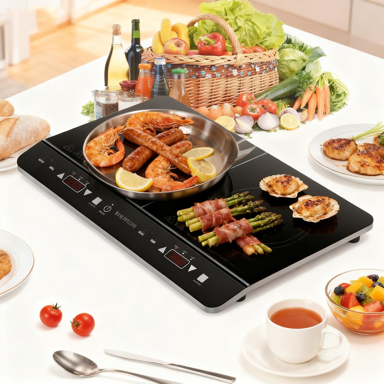 Double Induction Cooktop, 1800W Powerful Induction Burners with 2 Large 8" Heating Coils, 2 Burner Portable Cooktop with 9 Power Settings, 180 Mins Timer & Child Safety Lock, Black