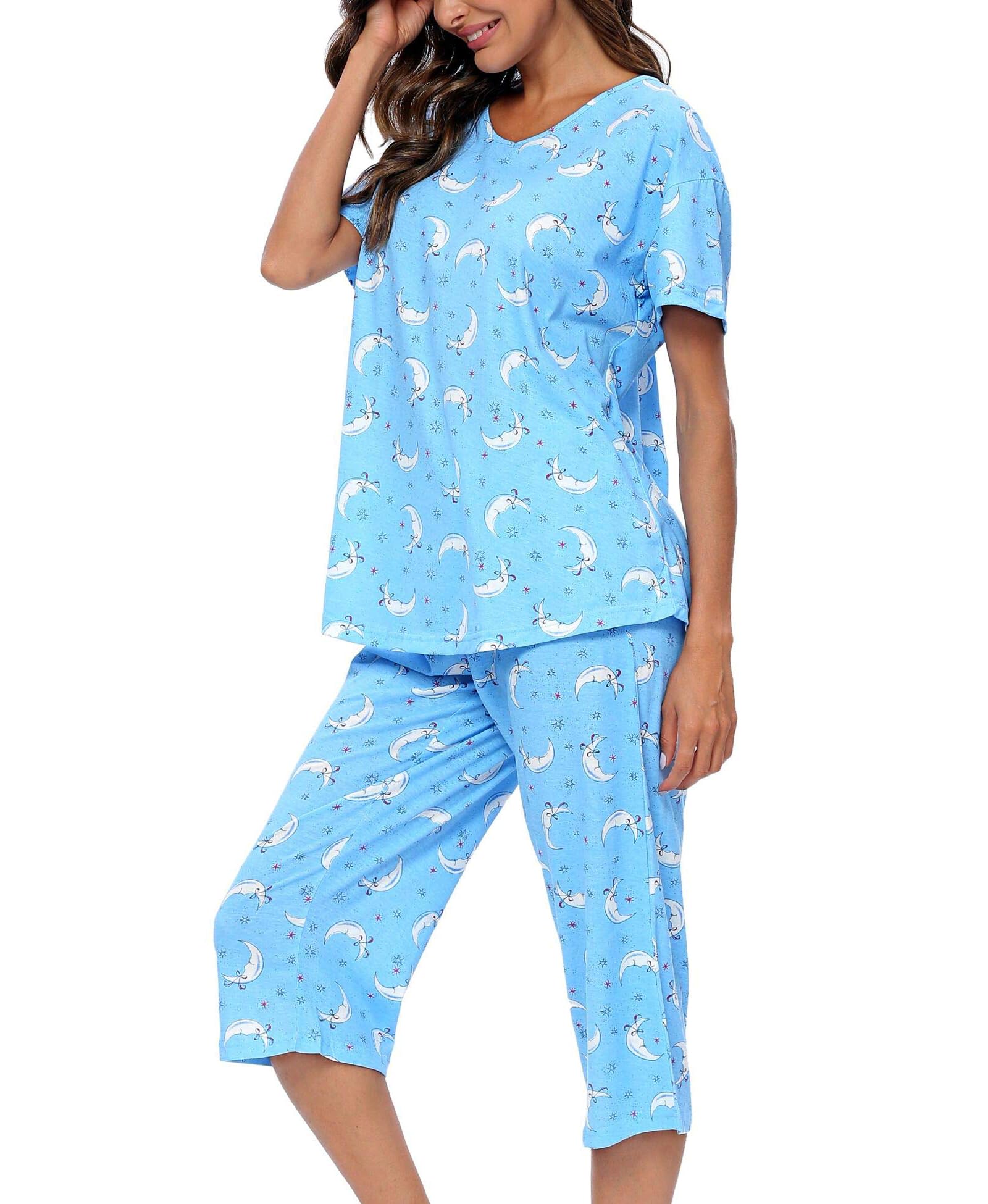 Schlafanzug Damen Zweiteiliger Pyjama Sommer Nachtwäsche Kurz Baumwolle Hausanzug Capri Sleepwear Oberteil und 3/4 Hose S-XXL