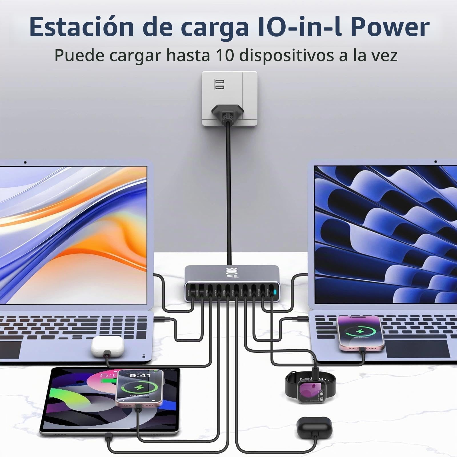 800W Cargador USB C Multiple, 10-Puertos GAN III Estación de Carga Rápida, Estacion de Carga con 8 USB-C(140W-65W) y 2 USB-A(30 W), para Cargador Compatible con MacBook, iPhone, iPad, Samsung, Huawei