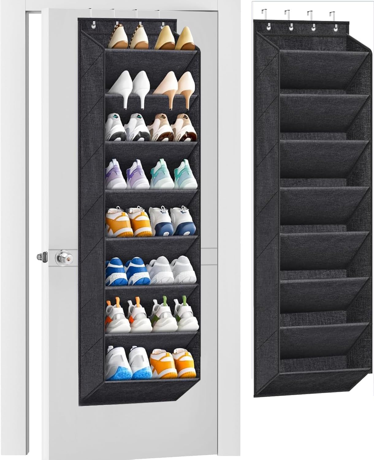 MISSLO Hanging Shoe Storage Over Door Shoe Organiser with 8 Large Deep Pockets Narrow Wall Mounted Shoe Rack for Doors Boots Organizer Holder Hanger, Black — image 1