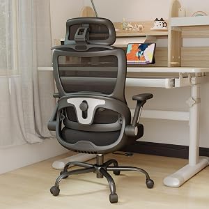 Ergonomic Office Chair, Home Computer Chair with 3D Adjustable Headrest and 4D Flip-Up Armrests, Adjustable Lumbar Support, Suitable for Office and Study