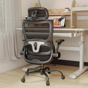Ergonomic Office Chair, Home Computer Chair with 3D Adjustable Headrest and 4D Flip-Up Armrests, Adjustable Lumbar Support, Suitable for Office and Study