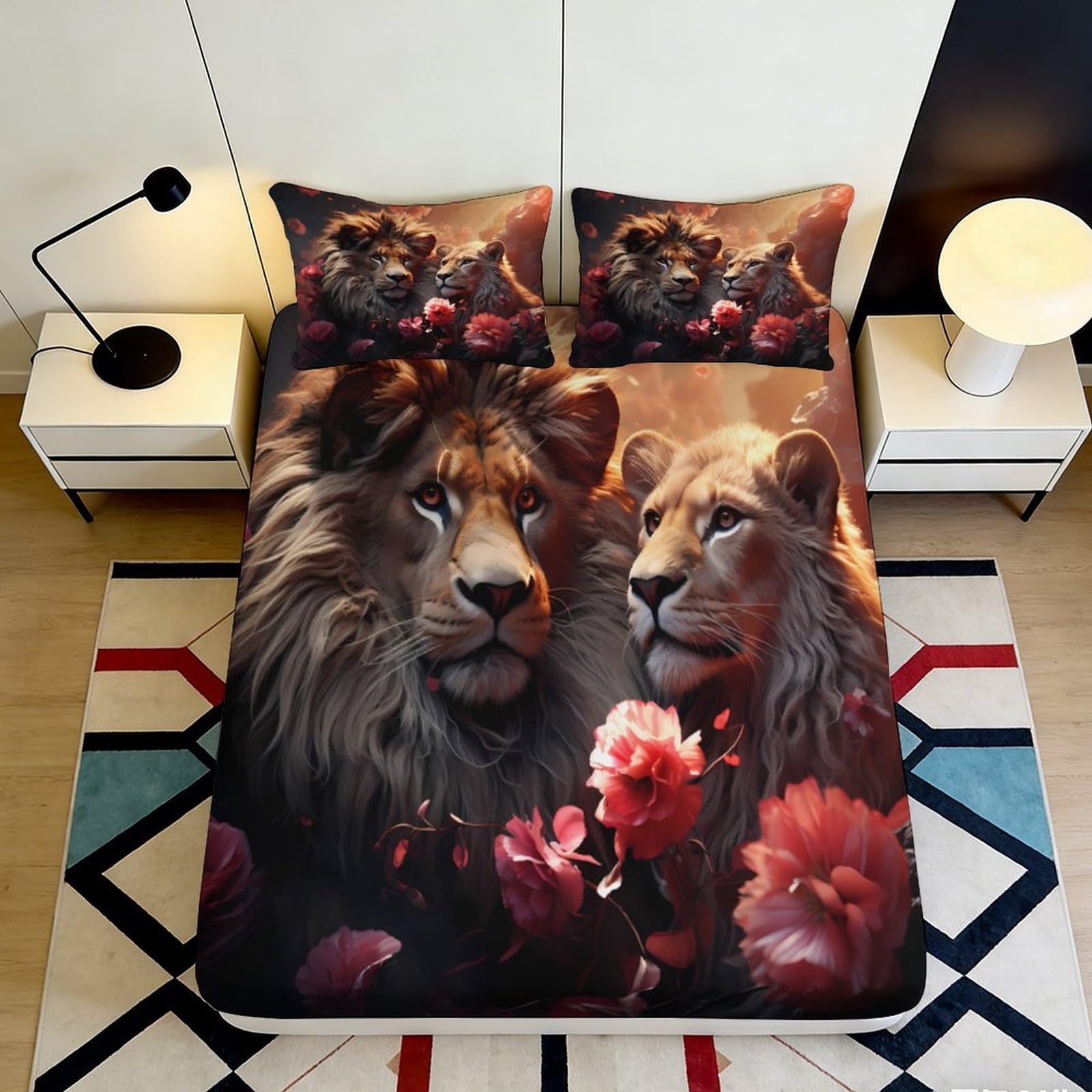 3D Printed Lion Floral Fitted Sheet Microfiber Soft Durable Lioness Bed Cover for Bedroom Dormitory Guest Room Mattress Protection 90x200x25cm