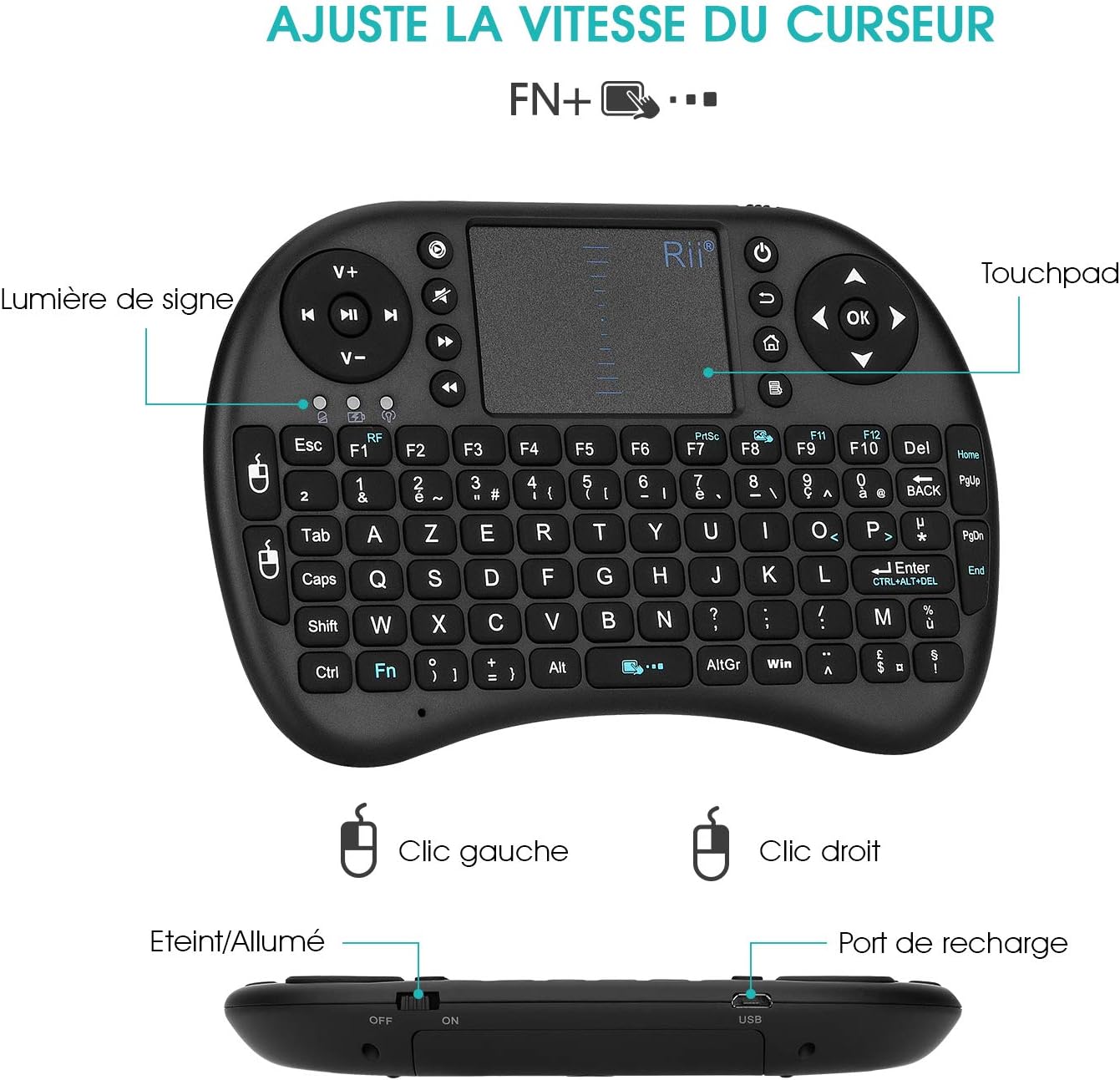 Rii Mini i8 Wireless Keyboard showing touchpad and cursor speed adjustment