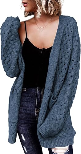 Miniatura 7 de Dokotoo Cárdigan de punto trenzado grueso de manga larga con frente abierto para mujer 2023, ropa de abrigo con bolsillos
