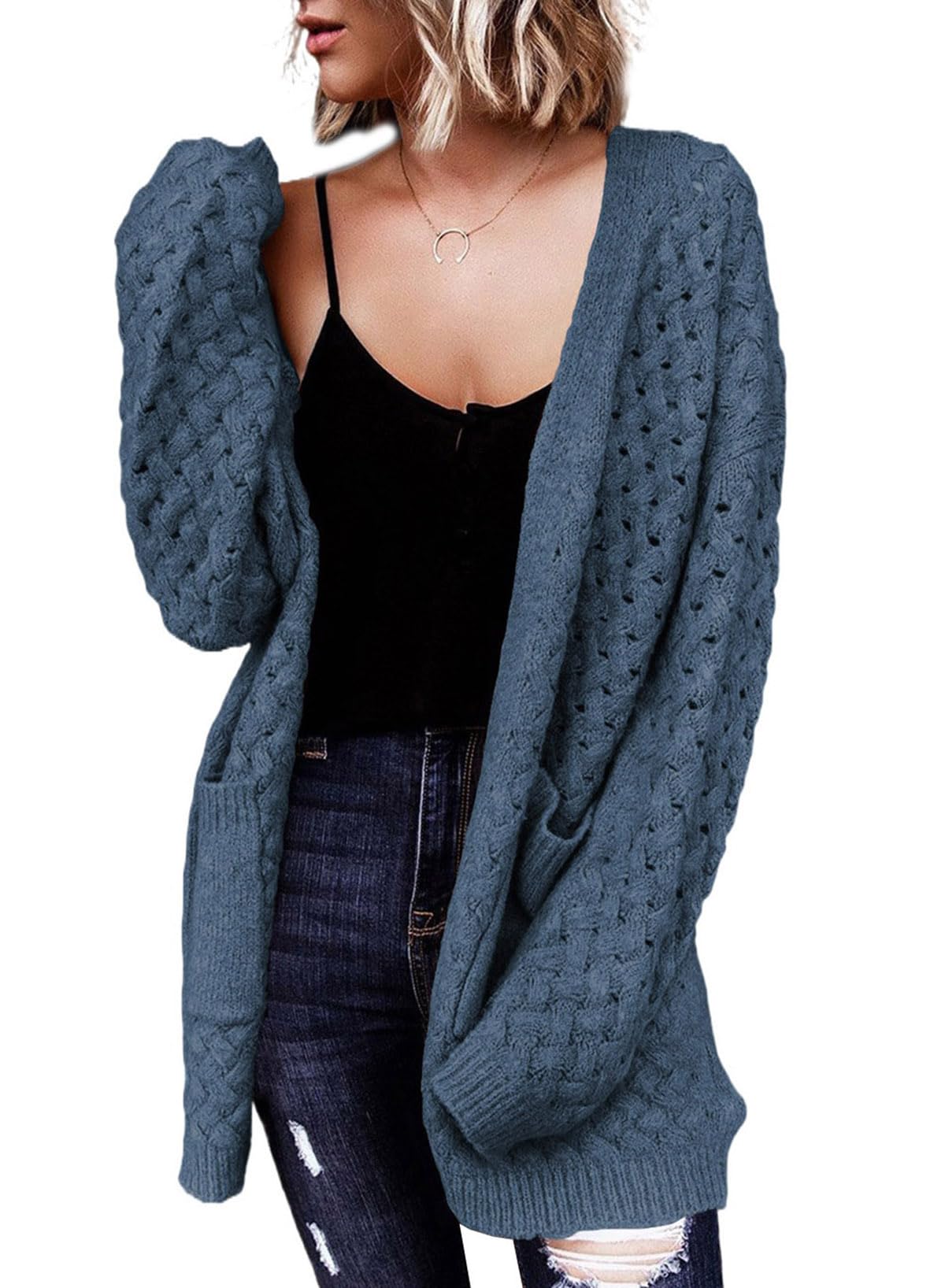Dokotoo Womens 2026 Fashion Casual Open Front Long Sleeve Chunky Cable Knit Cardigans Sweaters Outerwear Coats with Pockets