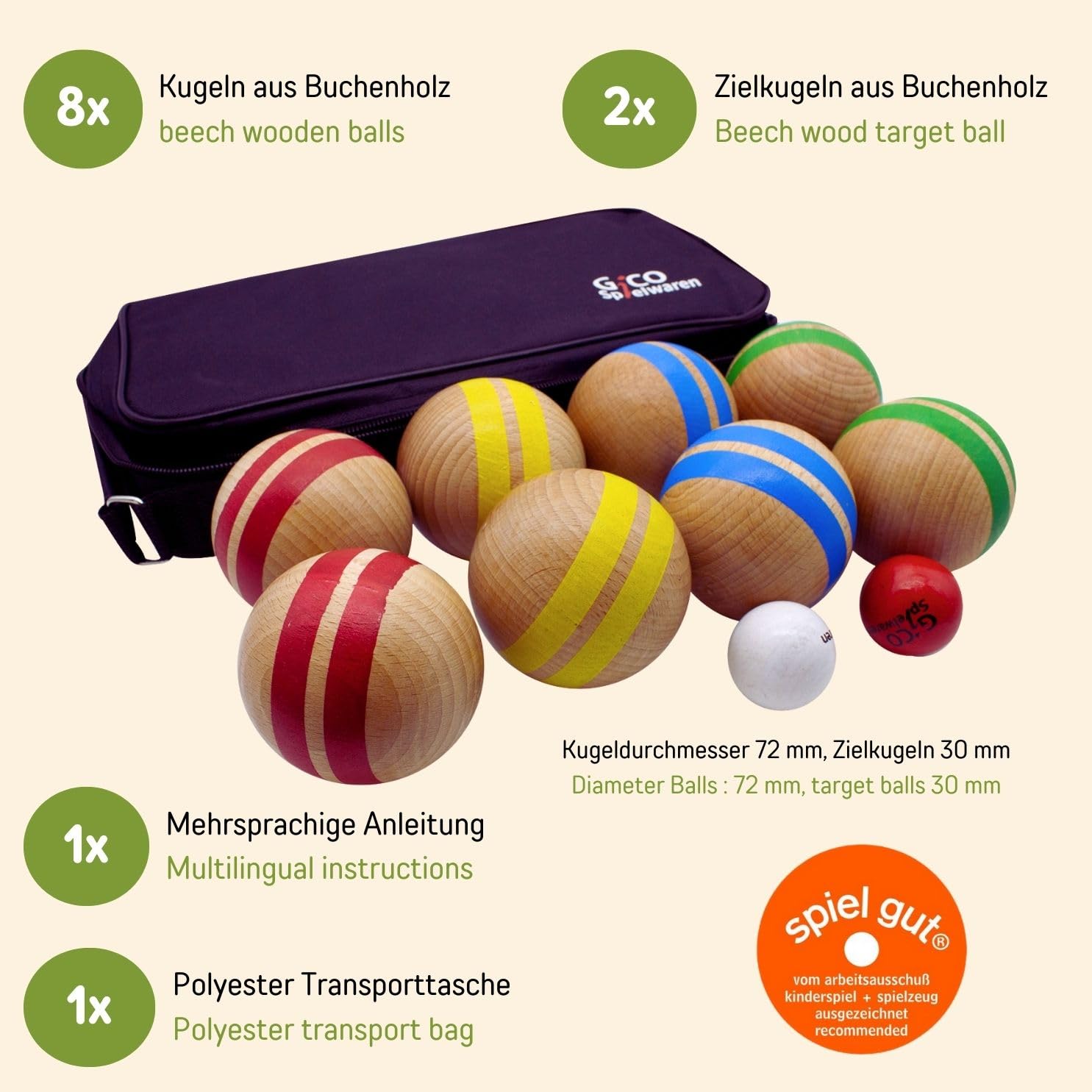 GICO Juego de petanca de madera maciza, a rayas con 8 bolas, diámetro 7 cm. Fabricado en la UE, juego de premios - 3021