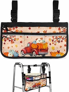 Thanksgiving Truck Wheelchair Side Bag Walker Bag, Fall Pumpkins Maple Leaves Wheelchair Accessories Armrest Pouch, Organizer Storage Bag for Walkers, Rollators, Scooters, 7.3''x13''