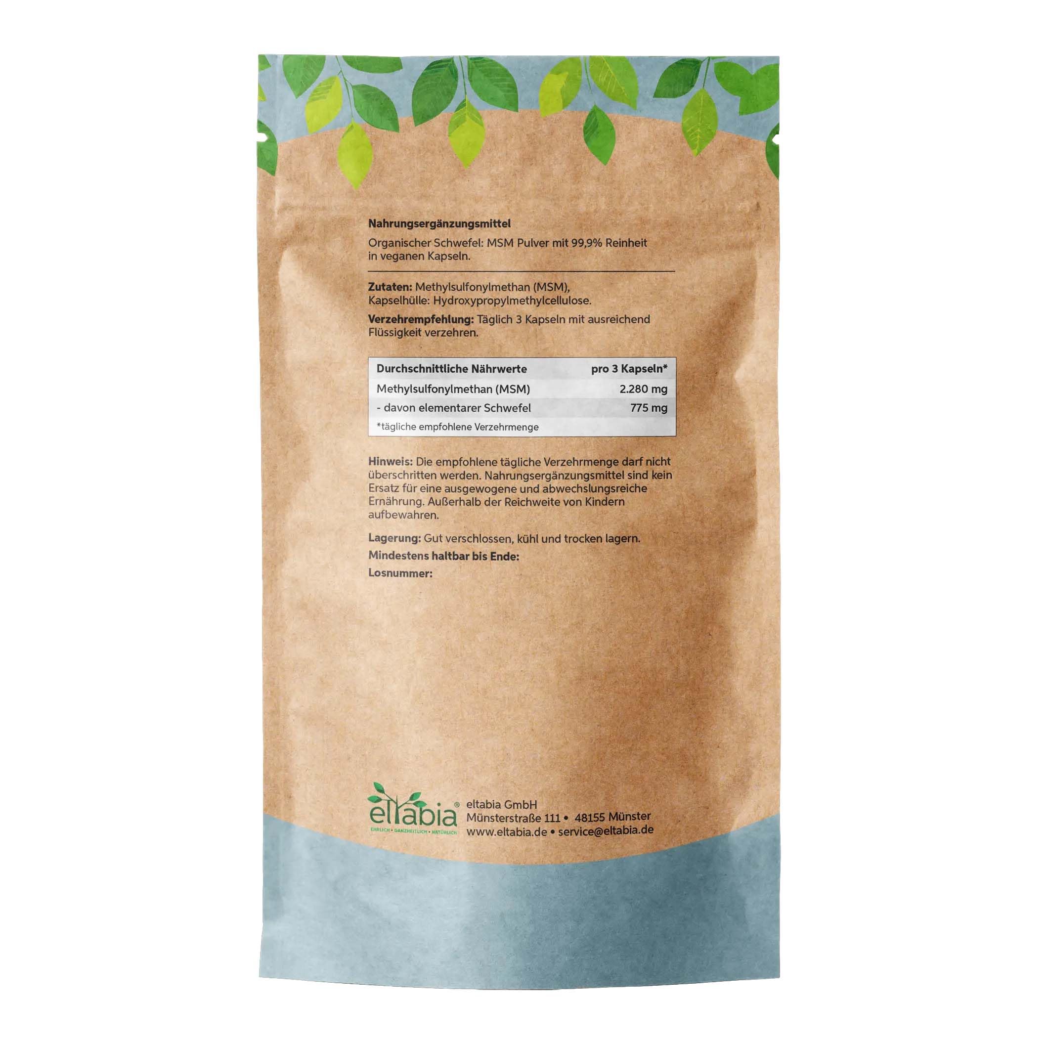 MSM Cápsulas 1000 unidades | Alta dosis diaria de 2280 mg de azufre orgánico | Metilsulfonilmetano premium sin aditivos | Vegano