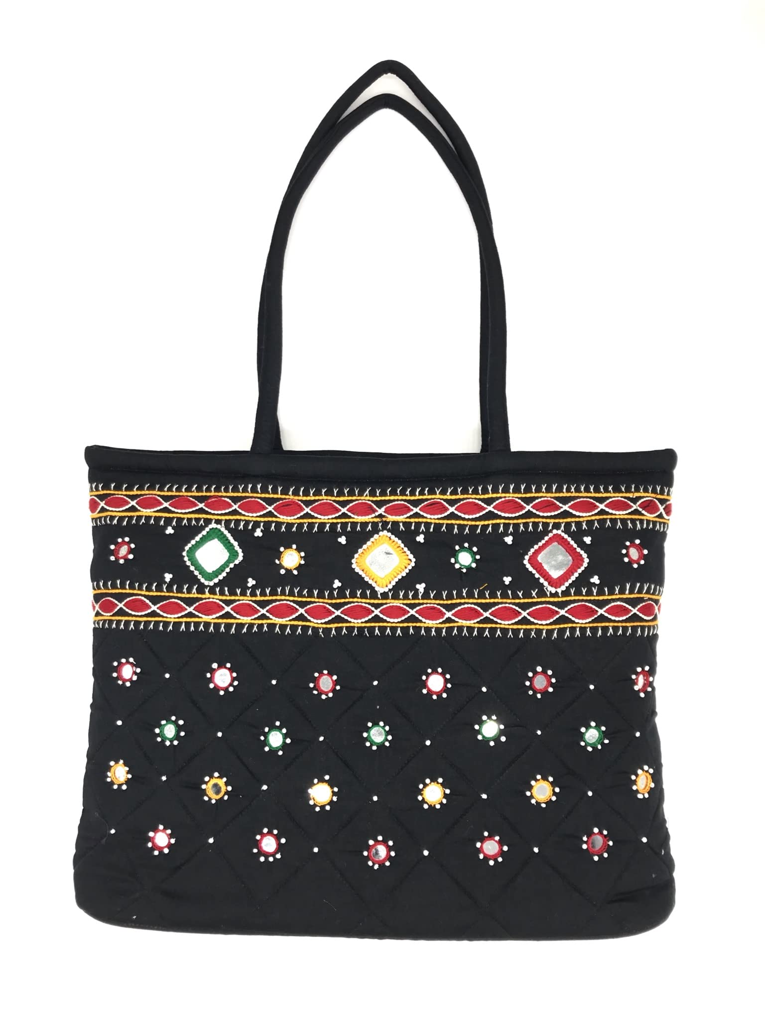 srishopify handicrafts Women’s Handbag Banjara Traditional Shoulder bag Tote bag Cotton Handmade Birthday Womens Day Gifts (14inch size Mirror Beads thread Work Multicolor)